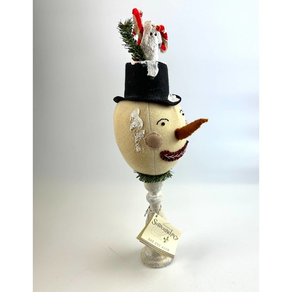 Vintage Whimsical Handmade Snowman Head On A Wooden Candlestick With Candy Canes - Picture 2 of 12